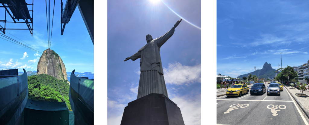 Maisemakuvia Rio de Janeirosta, Sokeritoppavuori, Jeesus-patsas ja autotie, jonka takana vuoret.