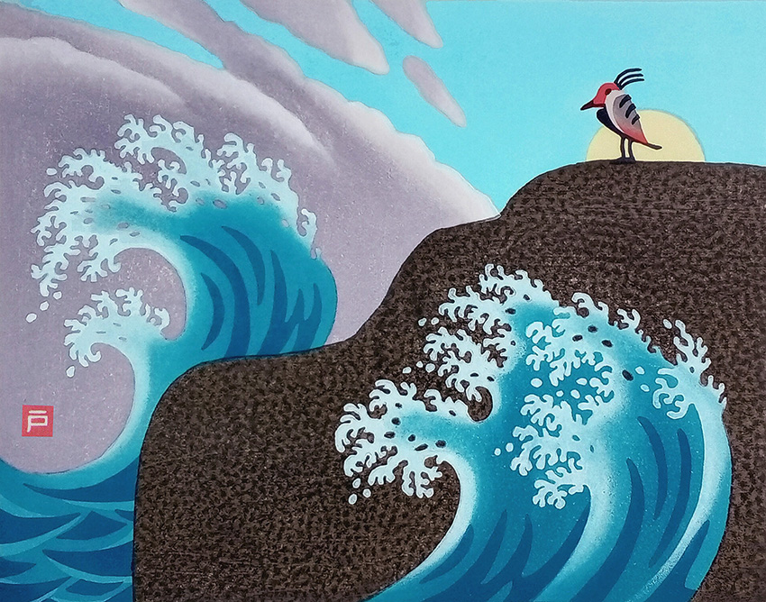 Japanilaisen vesiväripuupiirros. Lintu seisoo kalliolla meren rannalla ja aallot osuvat kallioon.